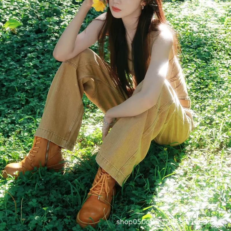 SMFK十字复古宽直筒工装裤手工涂旧垂感牛仔阔腿长裤女25秋季新款|undefined