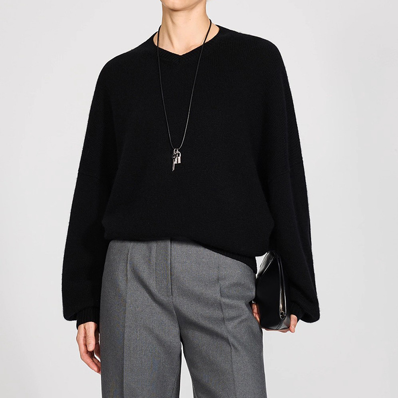 Loose and Soft Consinee Lazy Style Lantern Sleeve Heart-Shaped V-Neck Knitted Sweater 2026 Winter New Model