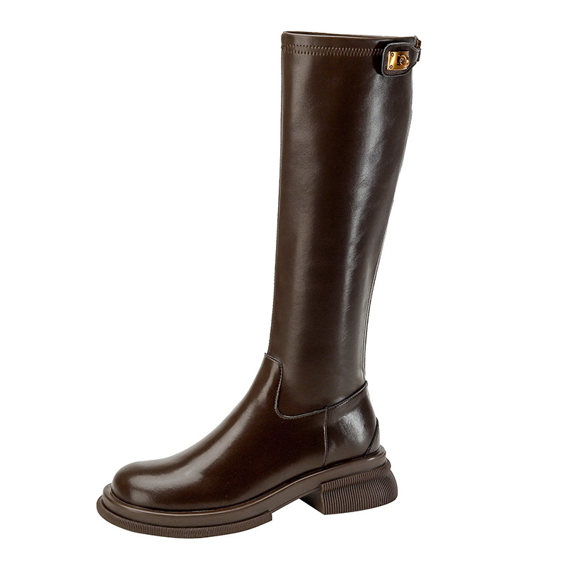 2025秋冬新作ブーツ ロングブーツ レディース 小さなゴールドバックル ラウンドトゥ 厚底 ハイブーツ ブラウンブーツ 細見え ライダーブーツ