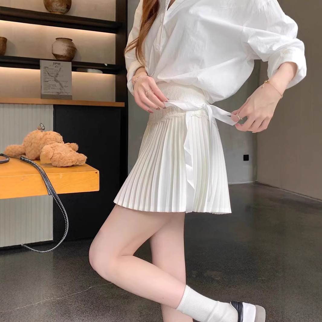White design lace summer pleated skirt