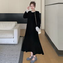 秋冬新款大码女装长袖大码假两件丝绒法式连衣裙胖mm感连衣裙