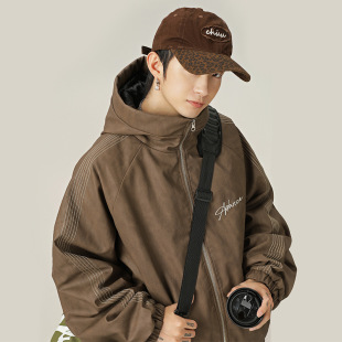 American Retro Hooded Pu Leather Jacket, Cotton Jacket for Men and Women, Autumn and Winter New Fashion Brand Letter Embroider Contrasting Color Jacket