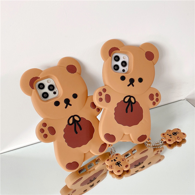 Silicone Japanese and Korean Style Bear iPhone 17 Pro Max Phone Case, Suitable for iPhone 12 Mini, Full Protection, Anti-Drop, Cute