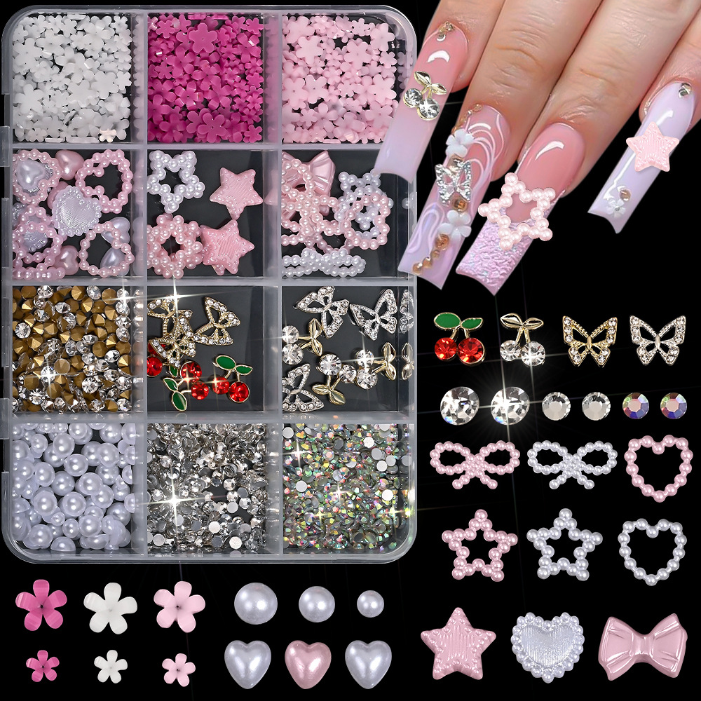 12-Compartment Flat-Bottomed Pearl Five-Petal Flower Cherry Butterfly Nail Art Decorations Mini Handmade DIY Material Accessories Set
