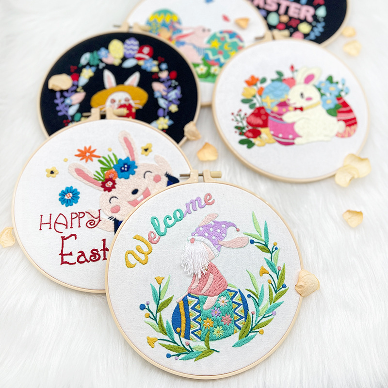 Conejo de Pascua cuelga pinturas bordadas lu decoraciones de salón dibujos animados huevos bordados a mano bolsas de material diy