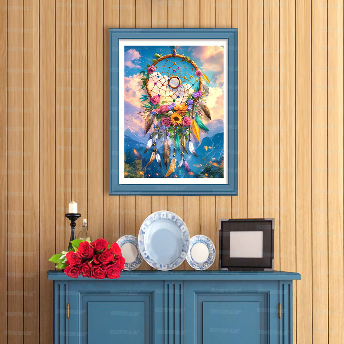 Mona Lisa real red de bordado cruzado atrapadora de sueños y flores nuevas pequeñas flores minimalistas sala de estar línea bordada a mano