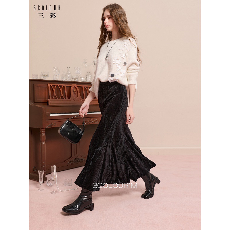 Sancai 2026 Autumn and Winter New Velvet Skirt with Elastic Waist, A-Line Long Skirt, Elegant and Stylish m
