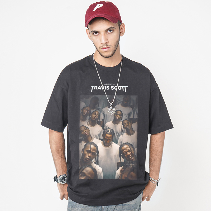 Bc Europa y América calle hip hop Travis Scott rap personaje impreso lavado apenado suelta manga corta Camiseta de los hombres