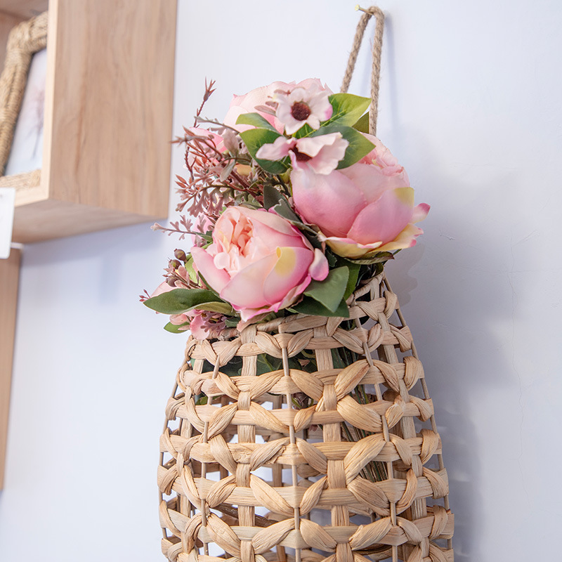 Cestas de flores portátiles tejidas a mano tejidas de paja pequeñas macetas colgadas de pared de caña tejidas cestas colgadas de calabaza de agua colgadas de hierba flor seca vasos