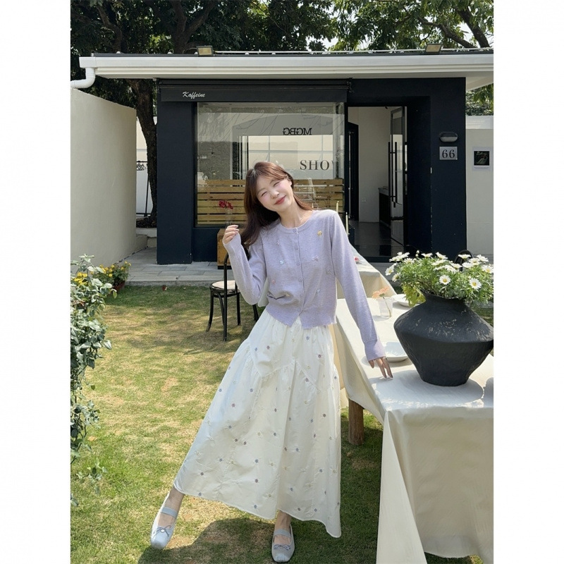 부드러운 스타일 자수 활 니트 카디건 우아한 A 라인 하프 길이 원피스 2025 봄/여름 여성을위한 새로운 투피스 세트