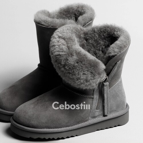 Women's Thick Sole Snow Boots, Sheepskin and Fleece Lined, Insulated and Thick Winter New Warm Cotton Boots, Mid-Calf Cotton Snow Boots