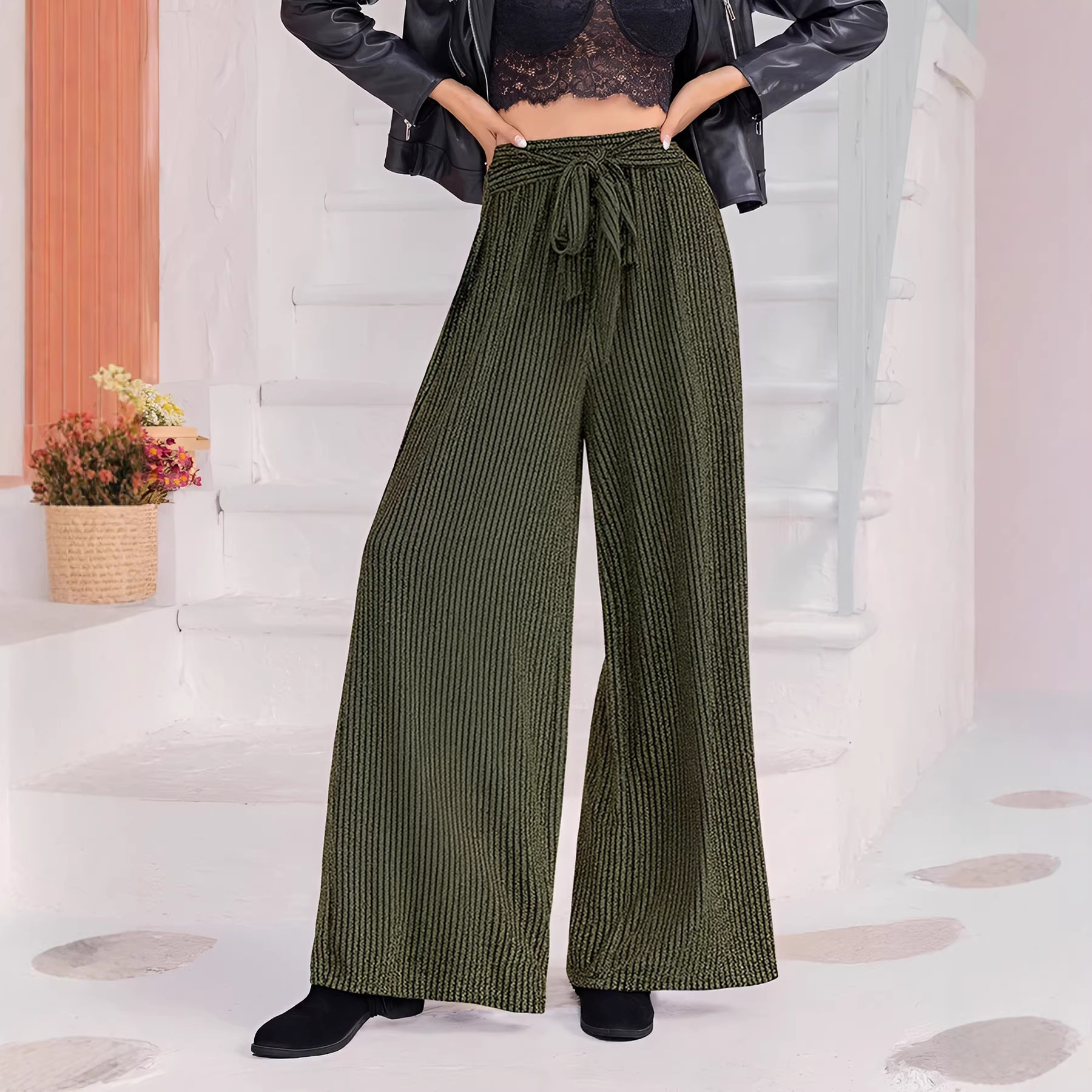 Women's Casual Trousers In Military Green, Relaxed Fit Pull-On Pants With Stylish Asymmetrical Detail_ecoleips.com