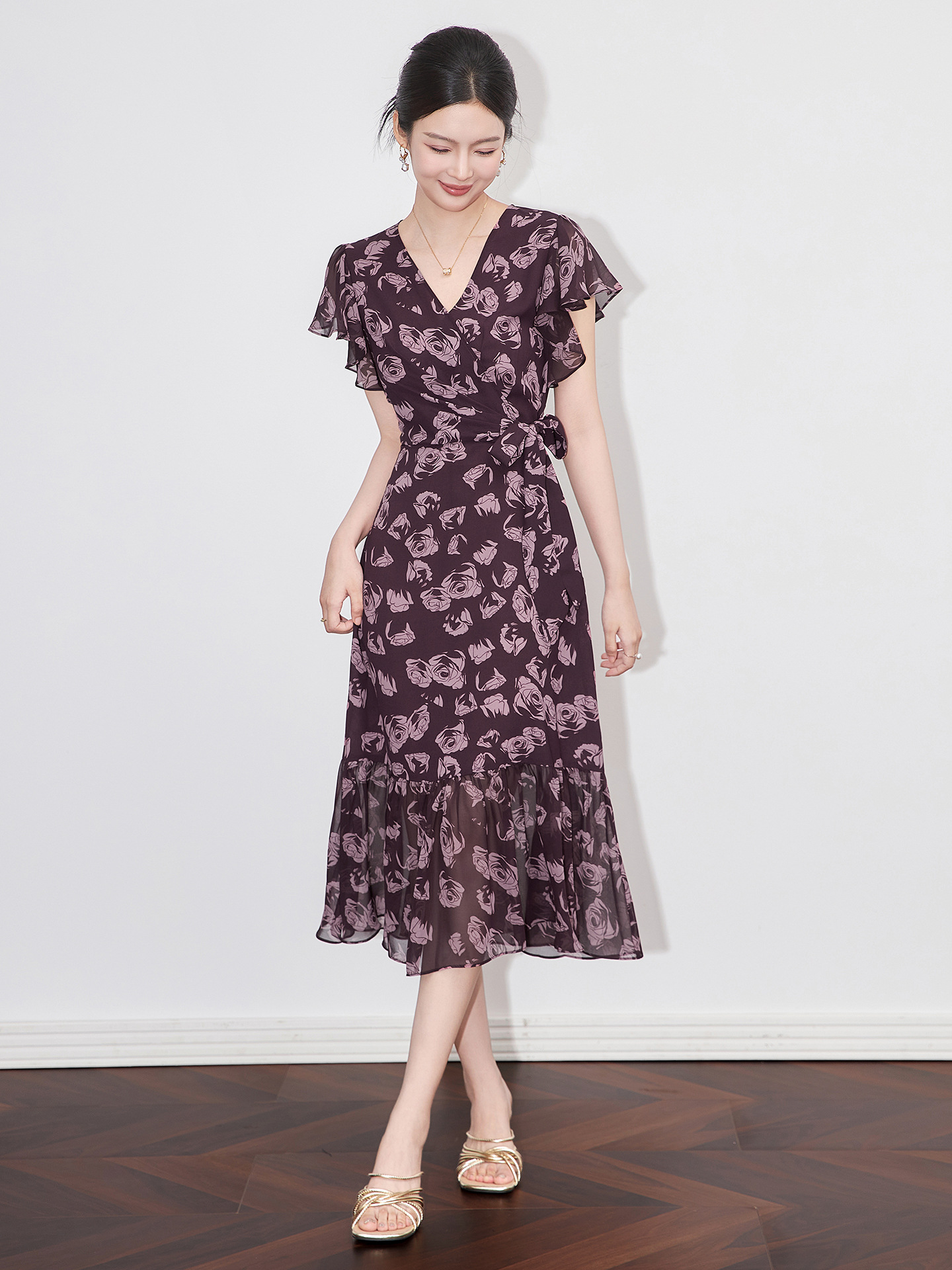 Váy maxi nữ cổ chữ V in hoa thắt eo phong cách cổ điển Pháp — Hoa xanh lam