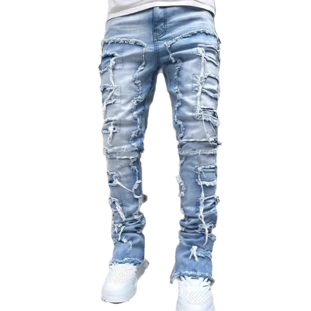 Men's Distressed Denim Jeans Slim Straight High Street Fashion Patchwork Raw Hem Casual Breathable Cotton Blend Pants_mkmklike.com