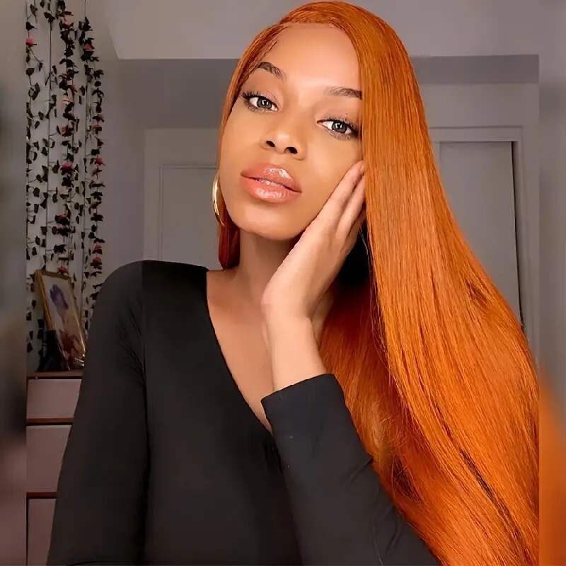 Lace Front Wig, Orange Lace Straight Synthetic Wig, One-Piece Wig for All Face Shapes, Long Straight Hair