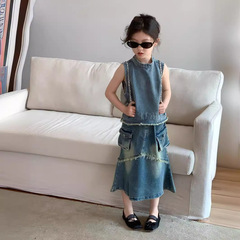 Children's Fashion Design Denim Skirt for Korean Girls in 2024 Summer, Fish Tail Style for Big Kids, Half Dress for Girls