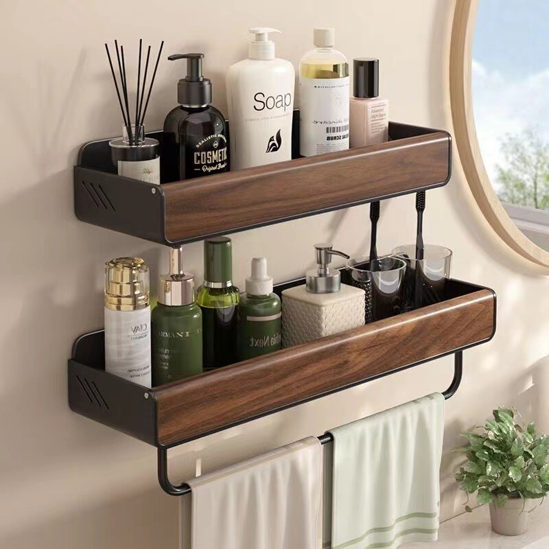 Bathroom Walnut Rack Storage Bathroom Rack Towel Rack Home Wash No Punching Kitchen Wall-Mounted
