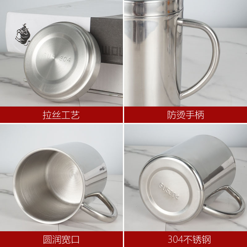 Taza de acero inoxidable 304 taza de doble capa con tapa taza de agua aislada de jardín de infantes con mango taza de café para adultos