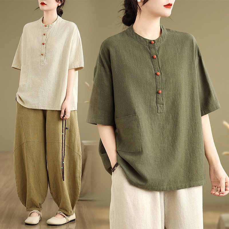 New Style Temple Buddhist Plain Clothing Meditation Outfit Linen Tea Shirt with Buttons Buddhist Zen Women's Clothing Apricot Color New Style Temple Buddhist Plain Clothing Meditation Outfit Linen Tea Shirt with Buttons Buddhist Zen Women's Clothing Apricot Color