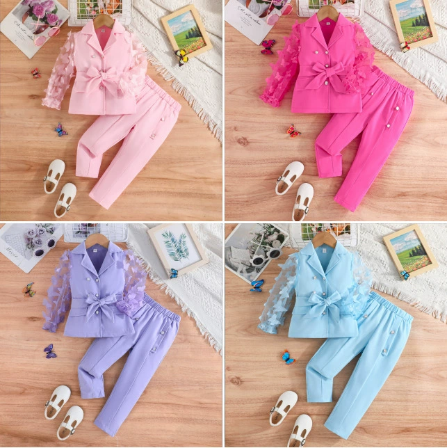 2025 новый осенне-зимний комплект для девочек: куртка с длинными рукавами и бантом, сетчатые рукава и брюки, двухсоставной набор для детей маленького и среднего размера