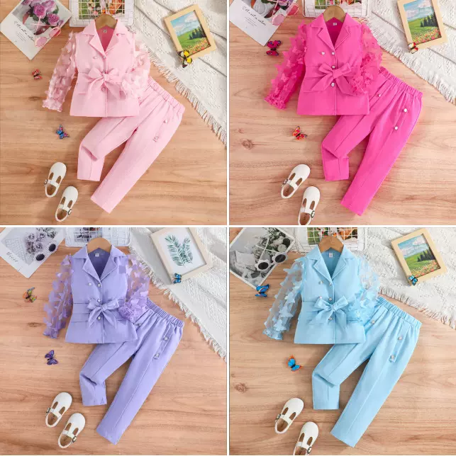 2025秋冬新款女童中小童长袖蝴蝶结网纱袖子西装外套长裤两件套