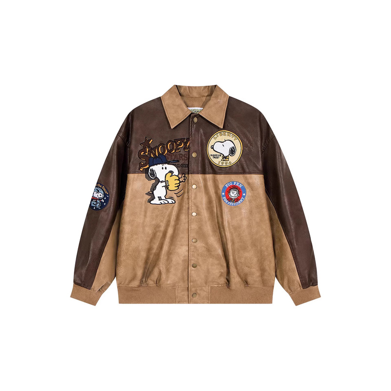 Trendy Casual Youth Leather Motorcycle Jacket for Men and Women, Foreign Trade Supply, New Spring Style, Cartoon Embroidery, Loose-Fitting Jacket