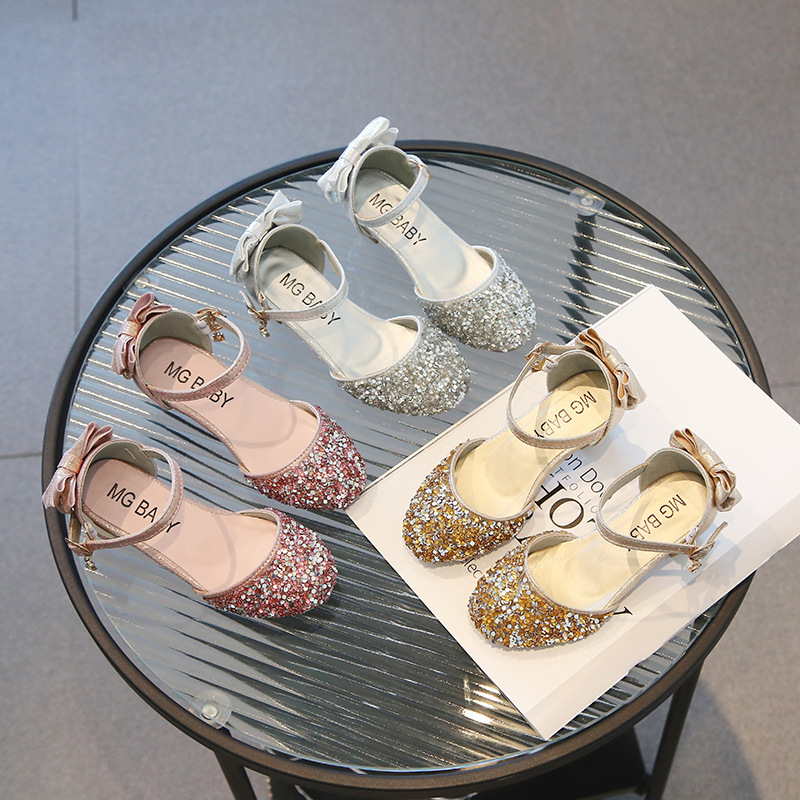 2025 Four Seasons New Princess Shoes Crystal High Heels Little Girls Student Performance Dance Shoes Korean Style Western Shoes