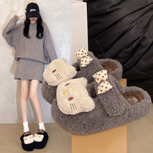 2025冬季新款波点蝴蝶结KT包头棉拖鞋厚底增高百搭一脚蹬毛拖鞋女