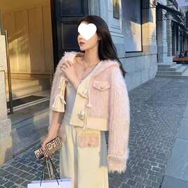 小香风加厚毛毛套装女2026年秋冬新款感时尚洋气阔腿裤两件套拼接