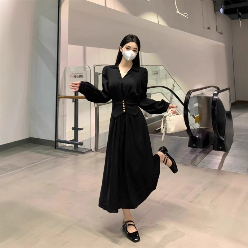 大码法式赫本风黑色v领长袖连衣裙女春季微胖mm收腰显瘦气质裙子|undefined