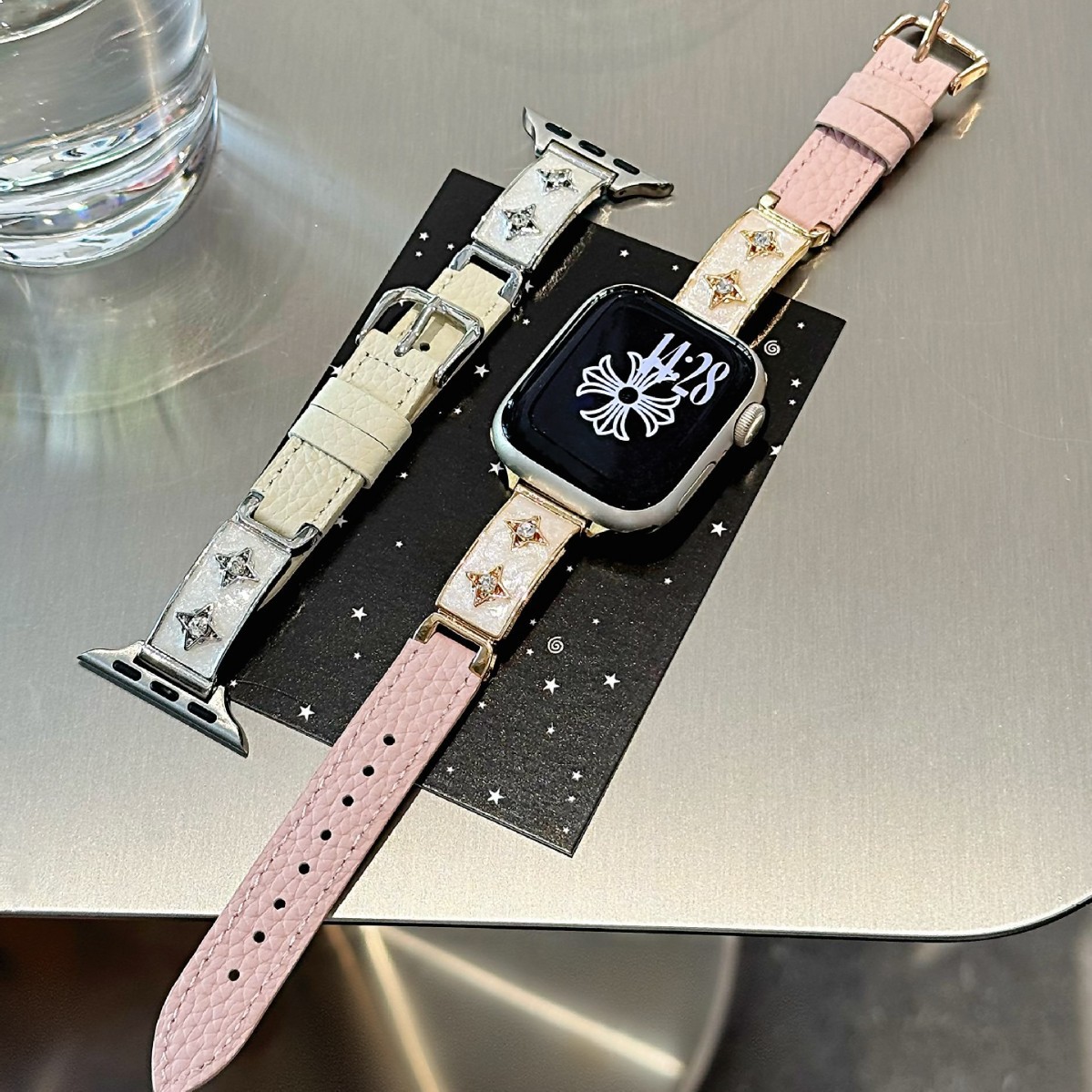 Suitable for Apple 8910 Double Star Curved Piece with Pebbled Leather Watch Strap Huawei Fit4 Gt5 Samsung Xiaomi Wristband
