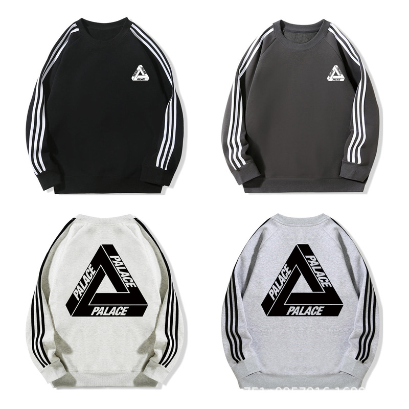 Cross-Border Trendy Brand Palace Classic Large Triangle Logo Printed Three-Stripes Autumn and Winter Velvet Round Neck Sweatshirt for Men and Women