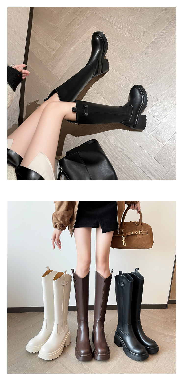 Boot nữ cổ cao ôm bắp chân đế dày gót thấp da thật mùa thu đông — Lớp lót nhung ống lớn màu nâu, Màu nâu cộng với lớp lót đơn lớn, Màu nâu cộng với lớp lót nhung lớn, Lớp lót nhung ống lớn màu đen chi tiết 13