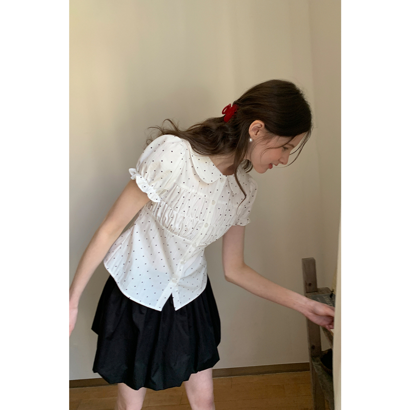 Eggk Girl's Lapel Puff Sleeve Polka Dot Shirt, Summer Design Short-Sleeve Elegant Slimming White Top Eggk Girl's Lapel Puff Sleeve Polka Dot Shirt, Summer Design Short-Sleeve Elegant Slimming White Top