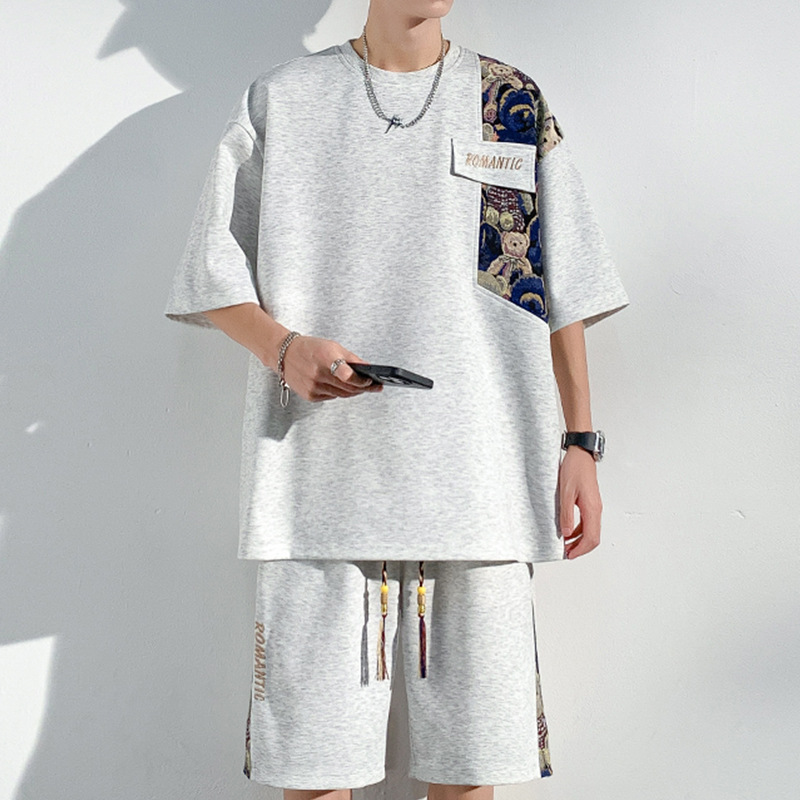 Ensemble short à manches courtes pour homme, style chinois tendance été, patchwork, coupe ample et amincissante, grandes tailles, sport décontracté_voghion.com
