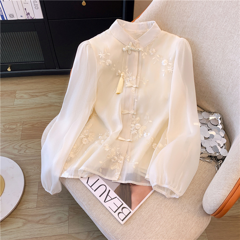 New Chinese-Style Chiffon Shirt for Women, Spring Season, Paired with Mamian Skirt, Tang Suit Embroidery, Hanfu Shirt, Loose Long-Sleeve Top