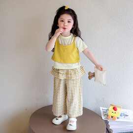 女童韩版假两件休闲夏装中小童夏季新款拼色短袖洋气格子裤三件套