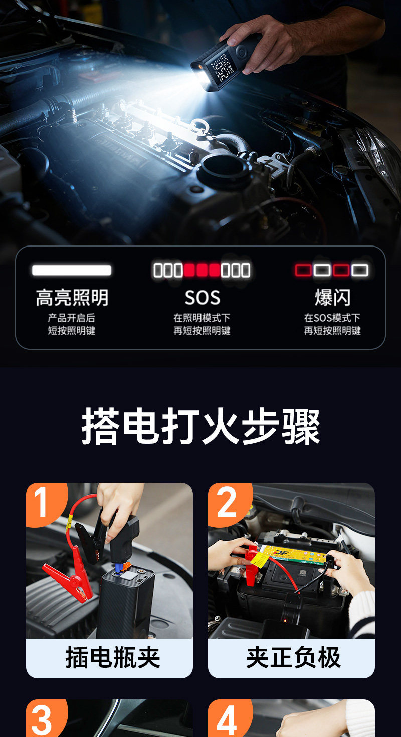 Car Emergency Starting Power Supply 12V Car Battery Jump Starter Wireless Air Pump Portable Tire Inflator
