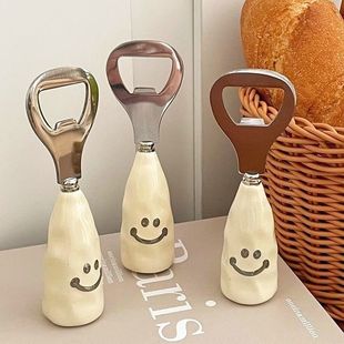 Cute Smiling Face Beer Bottle Opener Ceramic Handle Can Stand Wine Bottle Opener Creative Stainless Steel Lid Opener
