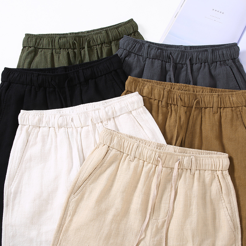 Ramie casual men's shorts for summer loose outer wear, cropped pants, thin and comfortable linen, cropped pants for men_voghion.com