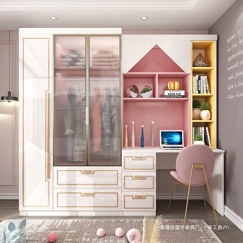 Light Luxury Corner Children's Desk and Wardrobe Combination, Wall-Mounted Computer Desk, Bookcase, and Bookshelf Integrated Study Desk for Girls