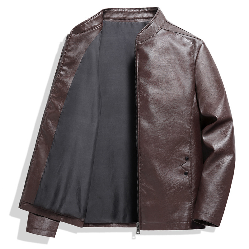 2025 Men's Motorcycle Pu Leather Jacket Spring New Solid Color Stand Collar Slim Fit Stylish Men's Top