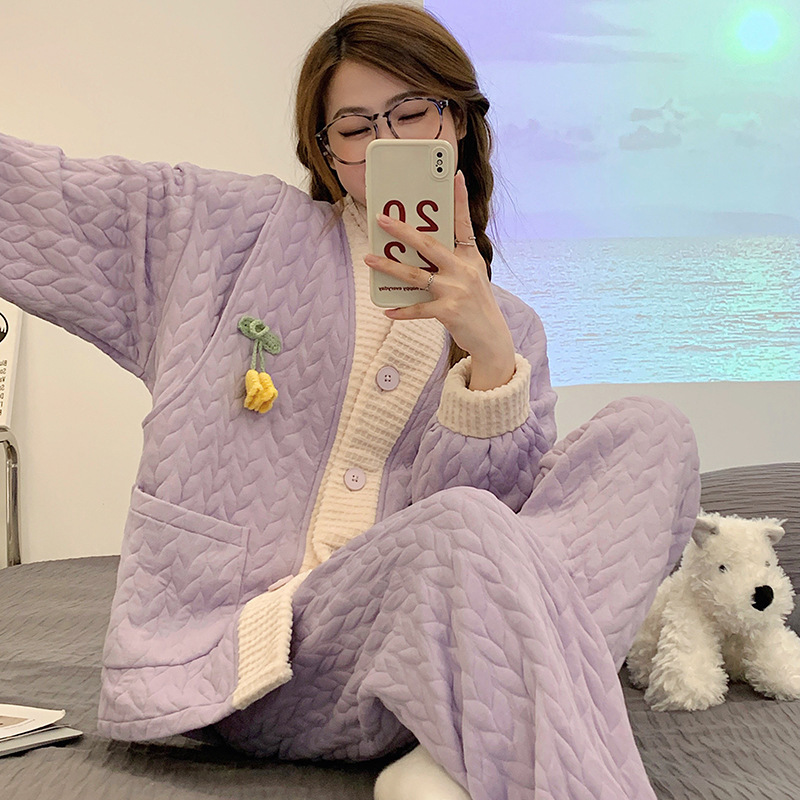 Autumn and Winter Confinement Clothes, Thickeneded Air Cotton, Anti-Pilling, Postpartum Breastfeeding, Breastfeeding, Sandwich Maternity Pajamas Set