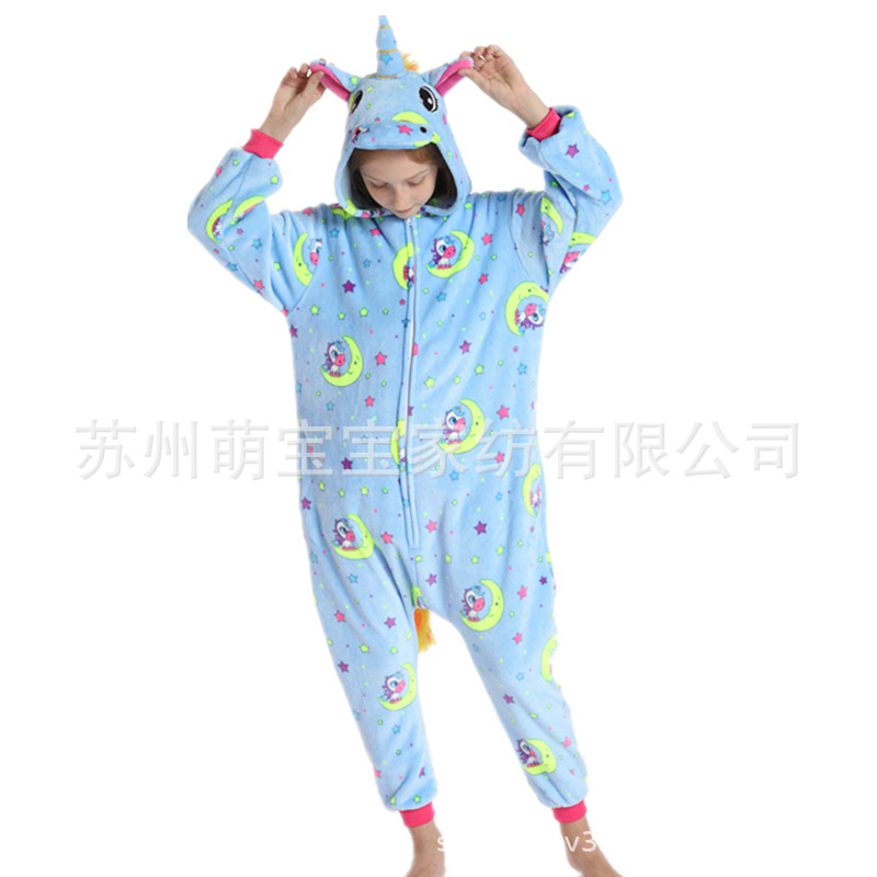 Otoño e Invierno franela de dibujos animados animal pijama de una pieza inodoro noche Gloria colorido Tianma pareja de padres e hijos homewear