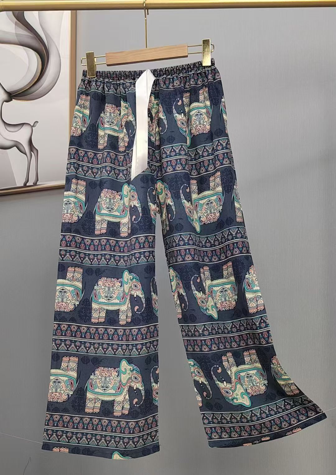 Pijama de seda de algodón para mujer, pantalones anchos de mujer embarazada de seda de algodón con estampado fino de verano