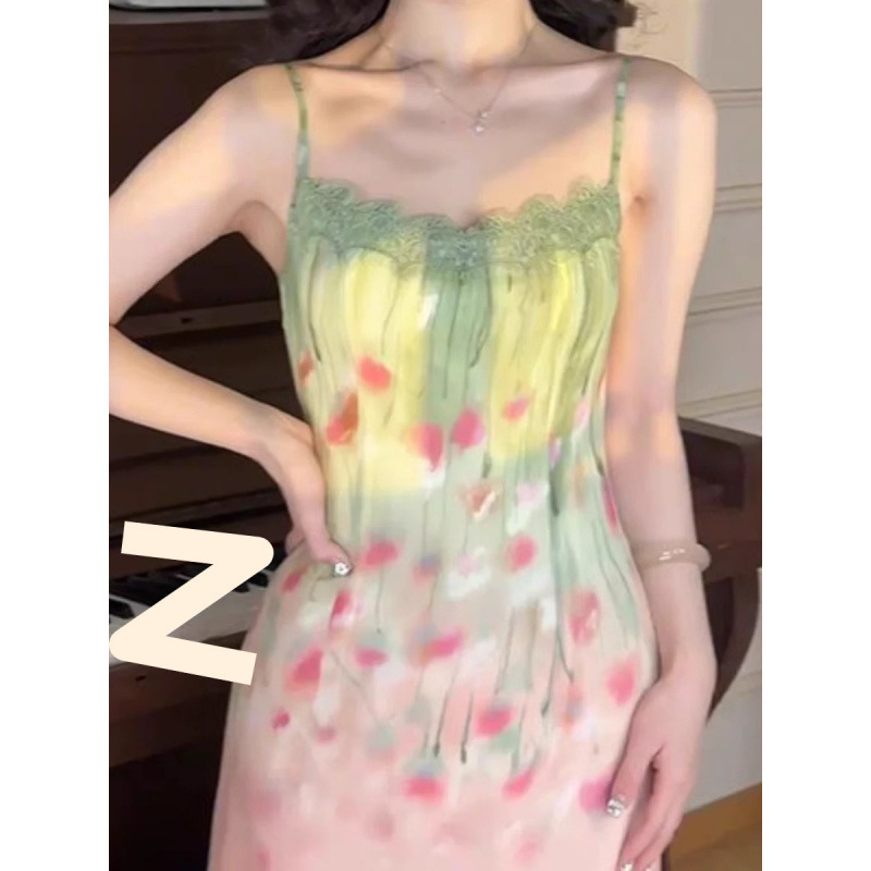 法式复古气质方领吊带裙秋夏温柔风高腰露背碎花连衣裙女|undefined