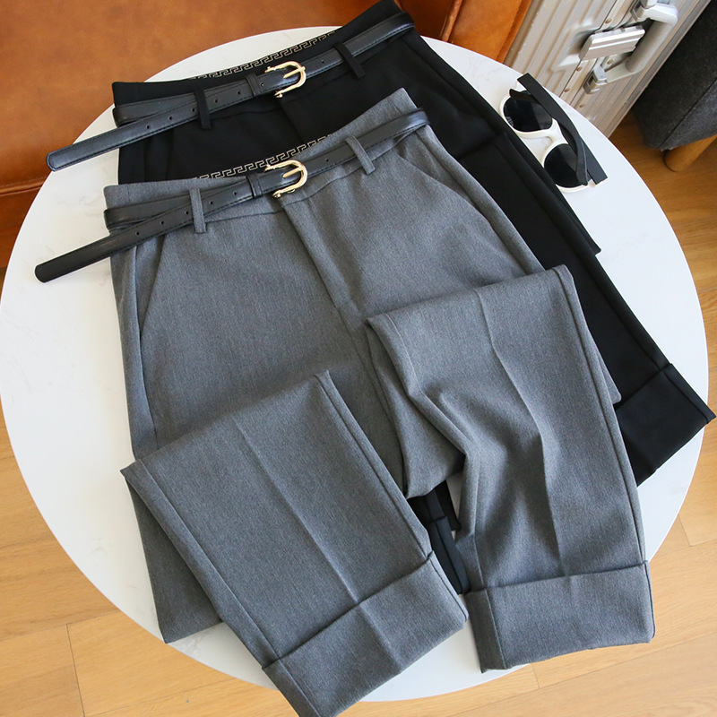 Great quality ~ black suit pants with belt women's high waist straight pants gray pipe pants Spring and Autumn Tide