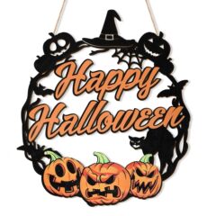 ハロウィン装飾木製カボチャドアガーランドフロントドアサイン壁看板コウモリ黒猫ハッピーハロウィン