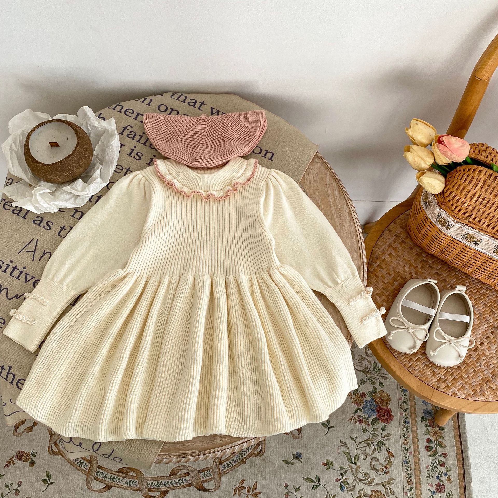 2023 otoño niña bebé rojo cuello redondo de encaje color sólido manga larga dulce falda vestido desgaste interior