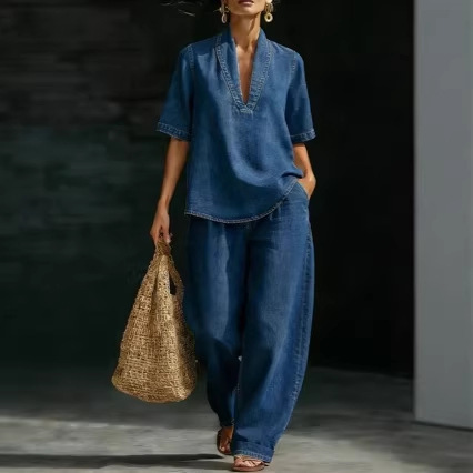 2026 New Cross-Border European and American Amazon Solid Color Casual Short-Sleeve Retro Comfortable Short-Sleeve V-Neck Denim Washed Shirt